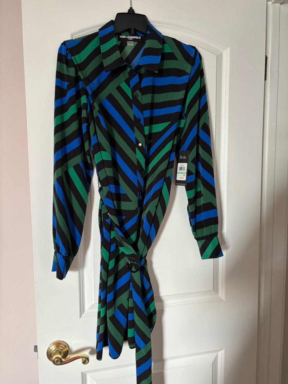 Karl Lagerfeld Black, Blue & Green Striped Tie-Waist Shirt Dress.  NWT